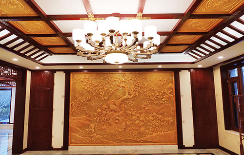 环县中式别墅客厅中式木作横梁吊顶装饰展示